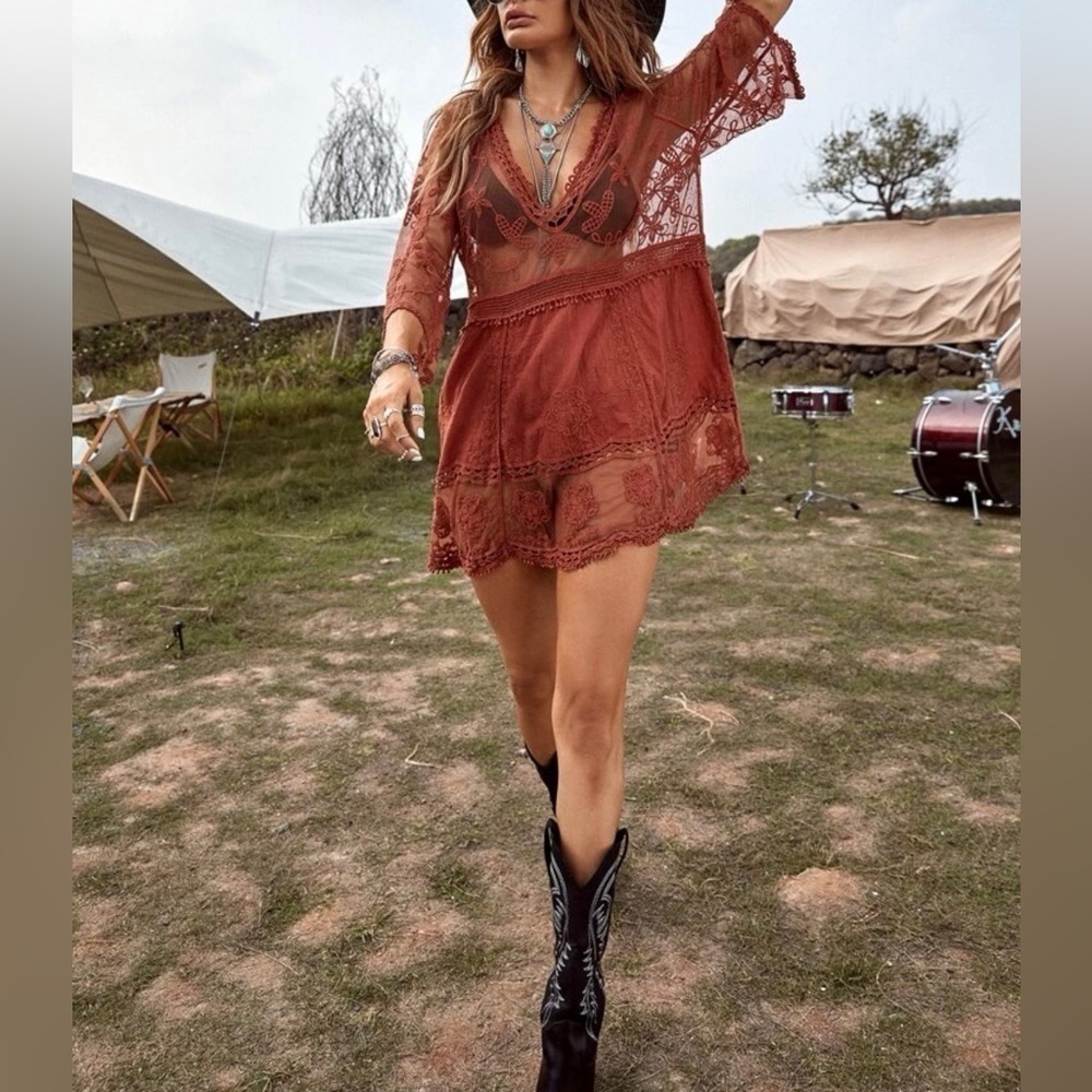 Bohemian Embroidered Floral Lace Sheer Mesh Top Swimsuit Coverup - Picture 2 of 9